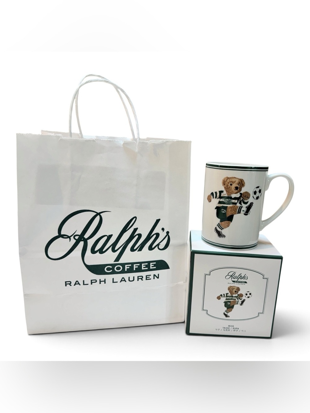 Ralph Lauren Iconic Bear Mug - Soccer White with Green and Brown Accents